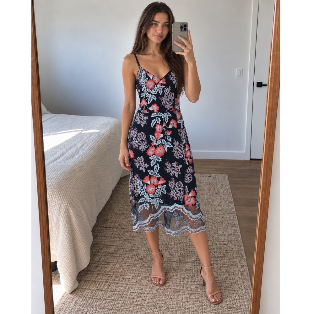 Guess Floral Embroidered Midi Dress 4 Black Mesh Romantic Feminine Cottagecore